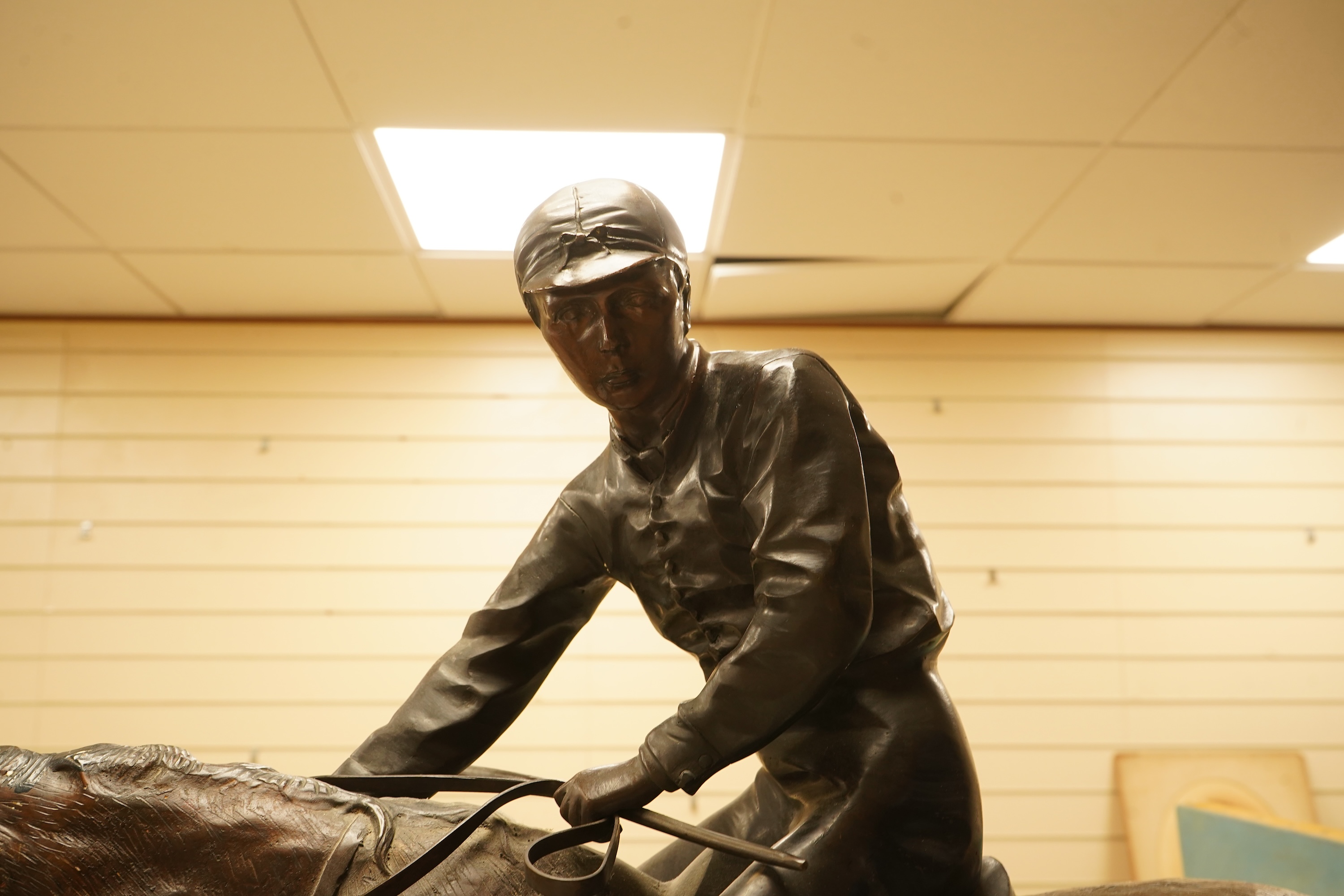 After Isidore Jules Bonheur (1827-1901), a large bronze figure of a jockey on horseback, 90cm tall